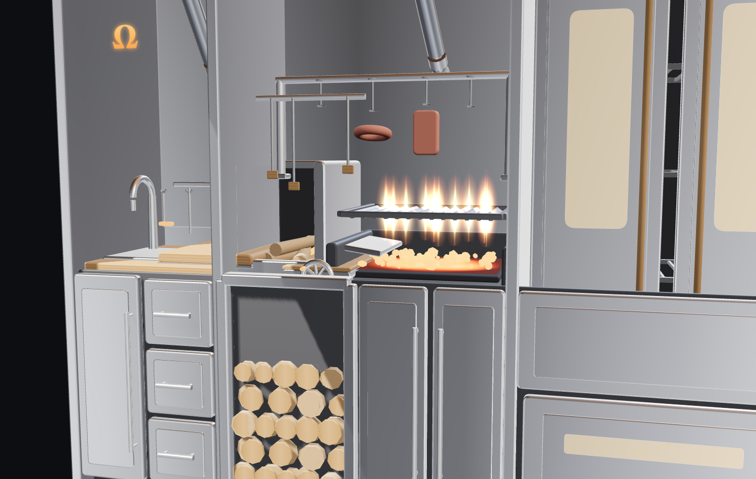 Close-up of the parrilla zone — brasero embers, crank-lift grate with flames, an overhead hanging rack, and a wood store of split logs below