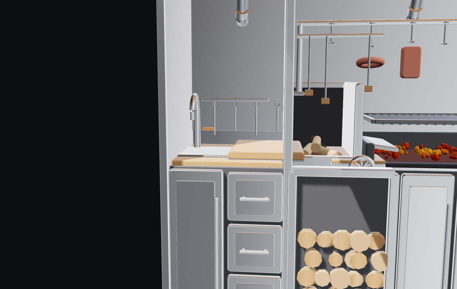 Close-up of the prep zone — a stainless sink with gooseneck faucet, a wood cutting board, open counter and lower storage