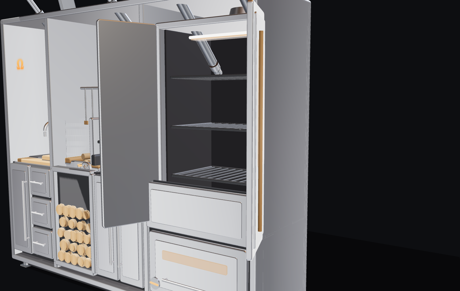 Close-up of the vertical smoker with its dual cabinet doors open on three stacked racks over a firebox below