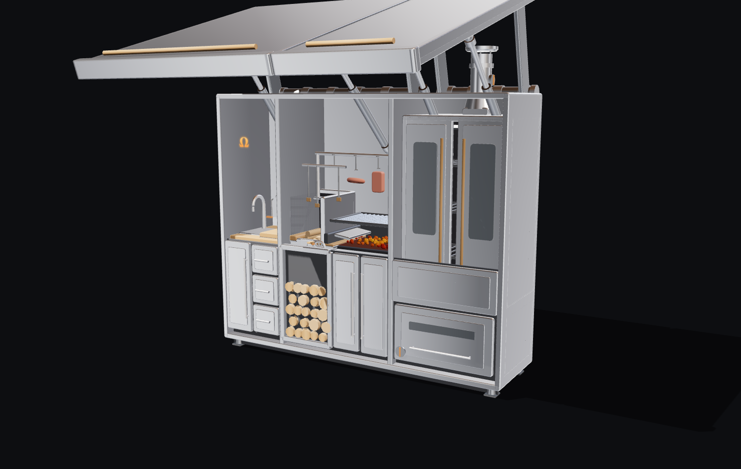 omegaClass fully open and revealed: prep and sink, brasero and parrilla, and the vertical smoker, all sheltered by two raised roofs