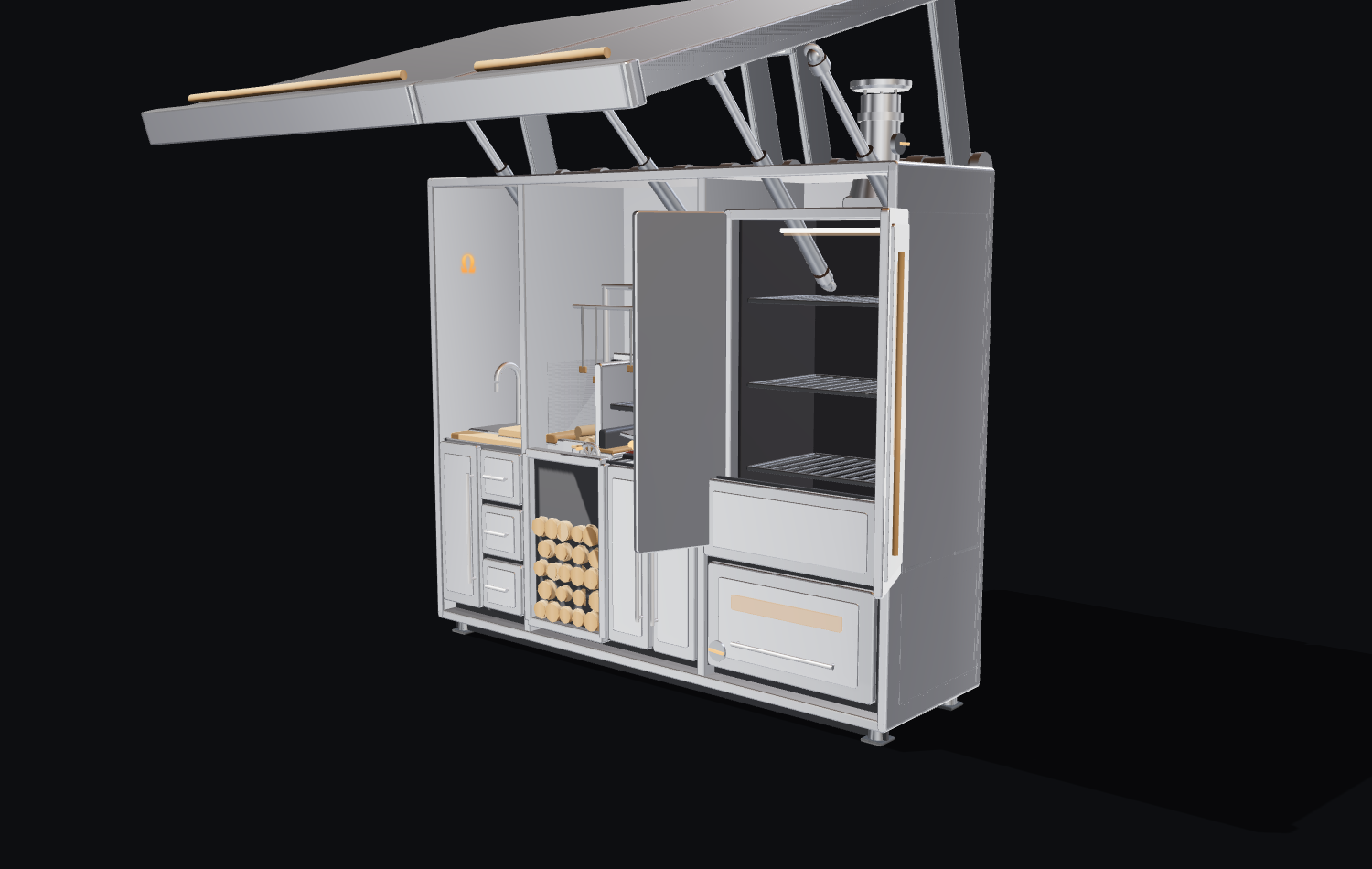 omegaClass loading the smoker — cookbox doors open on three racks, firebox glowing below