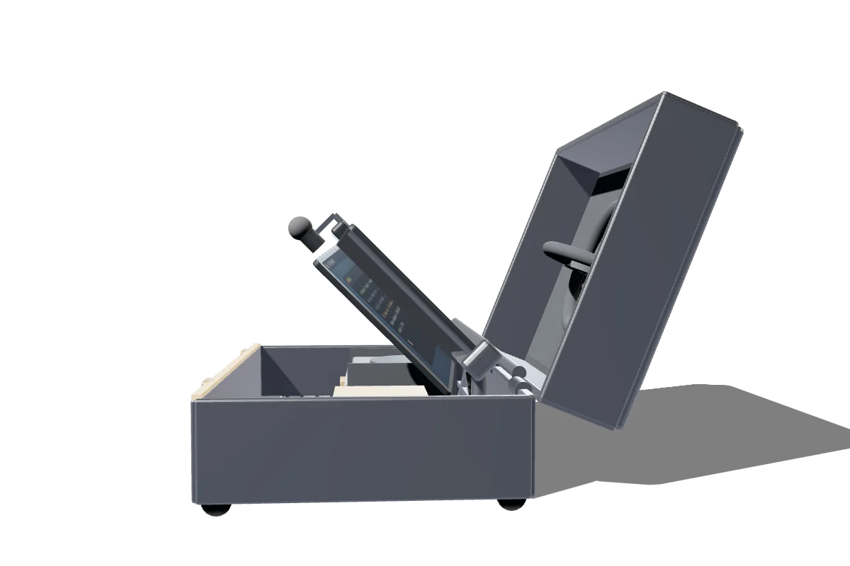 Side profile mid-lift: the folded screen stack rising and tilting from flat toward upright.