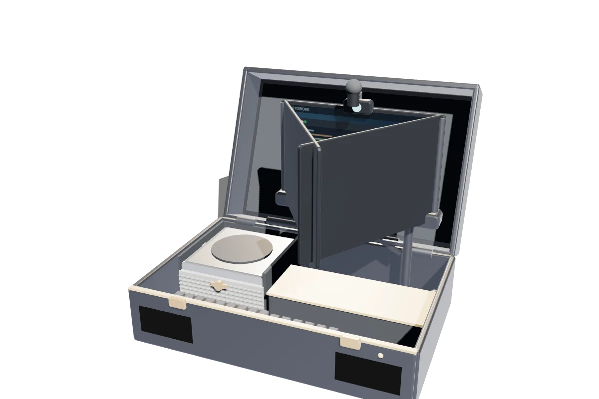 The triptych mid-fold: two wing screens swinging out from the center screen above the open case.