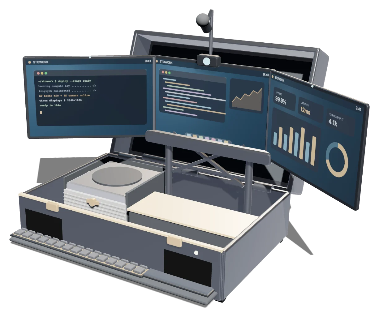 STOWORK deployed: three screens raised and fanned above the open case, mic boom up, keyboard out.