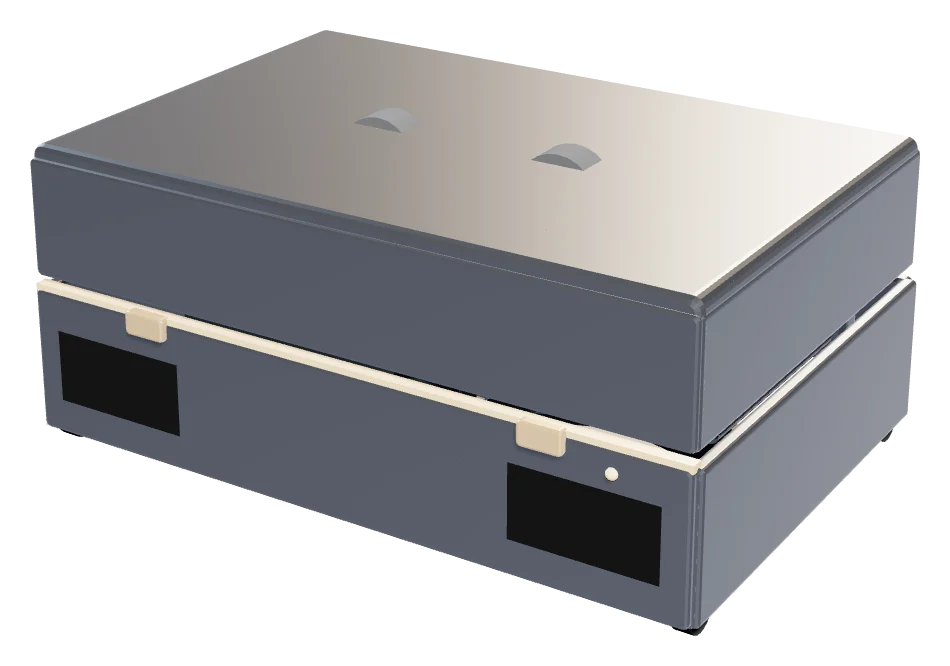 STOWORK closed: a dark aluminium carry-on case with amber trim.