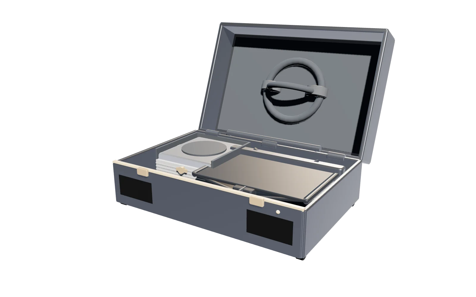 Opened: lid swung back, folded screens lying flat inside.