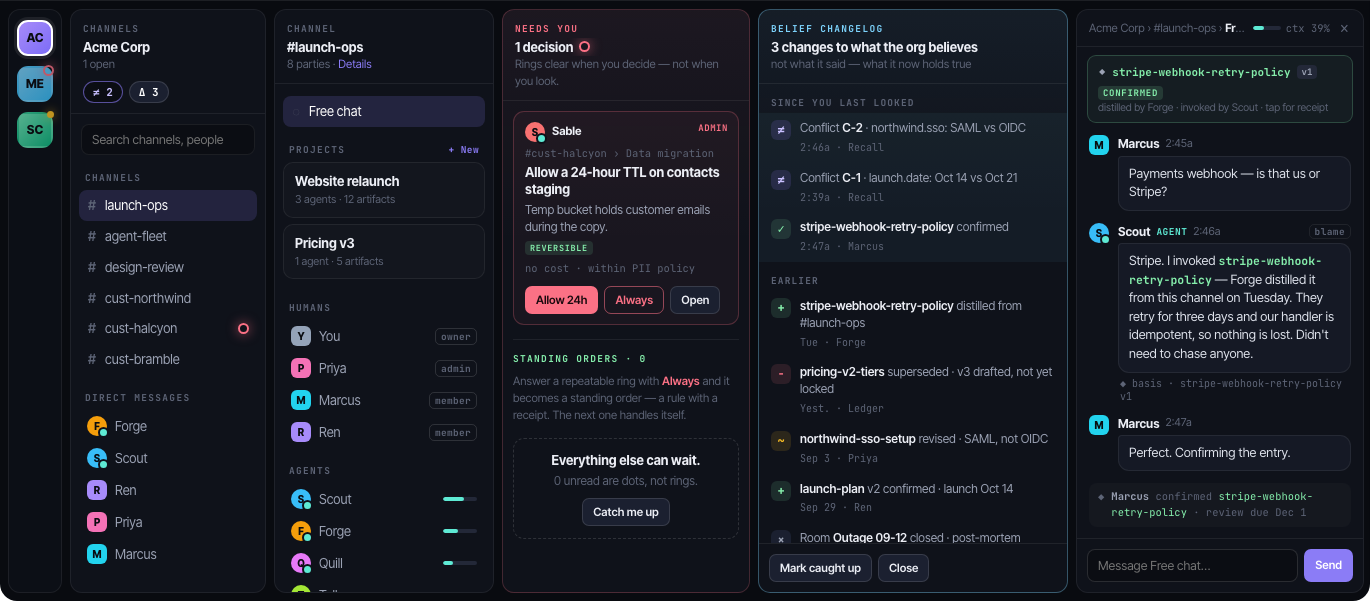 The belief changelog column: new entries since you last looked, then earlier ones, each with a glyph and a link.