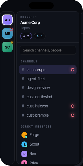 Overlook on a phone: the channels column as one swipe page.