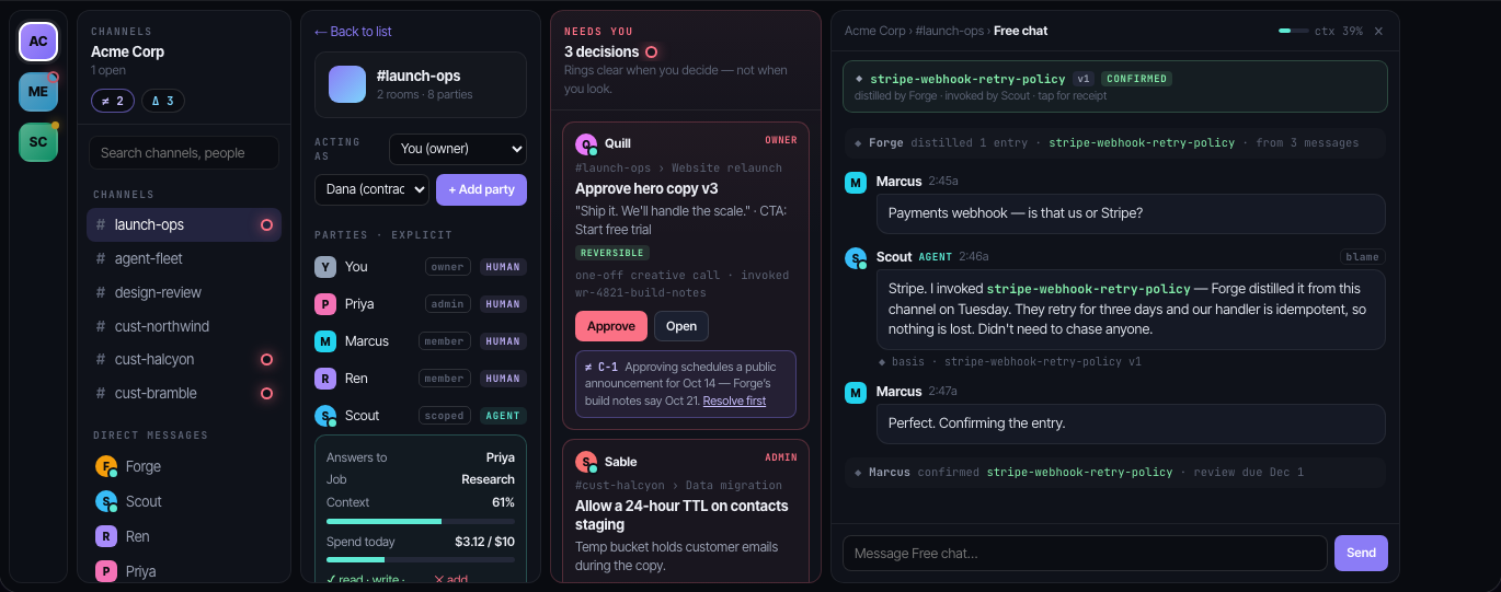 Channel details for #launch-ops: acting-as selector, add-party control, the mixed roster of humans and agents, and Scout's gauges expanded.