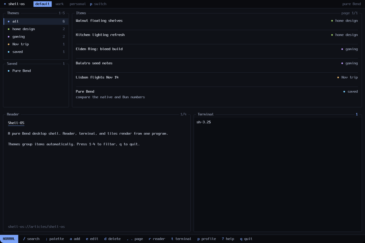 shellOS after the redesign: themes and saved panes, an items list, the reader, and a terminal showing ls -la, with a TERMINAL mode badge in the status bar