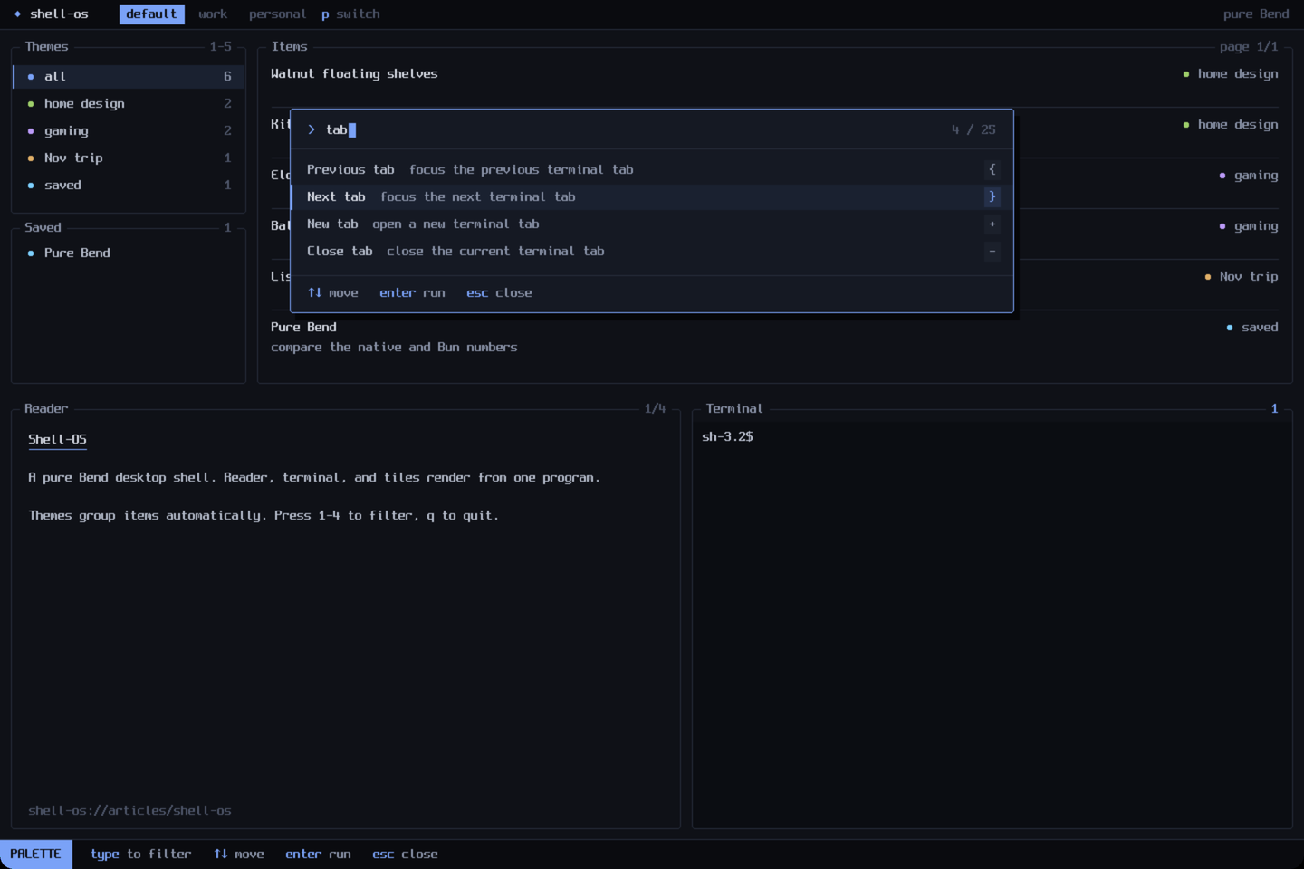 The redesigned shellOS with the command palette open, filtered to four tab actions with keycaps
