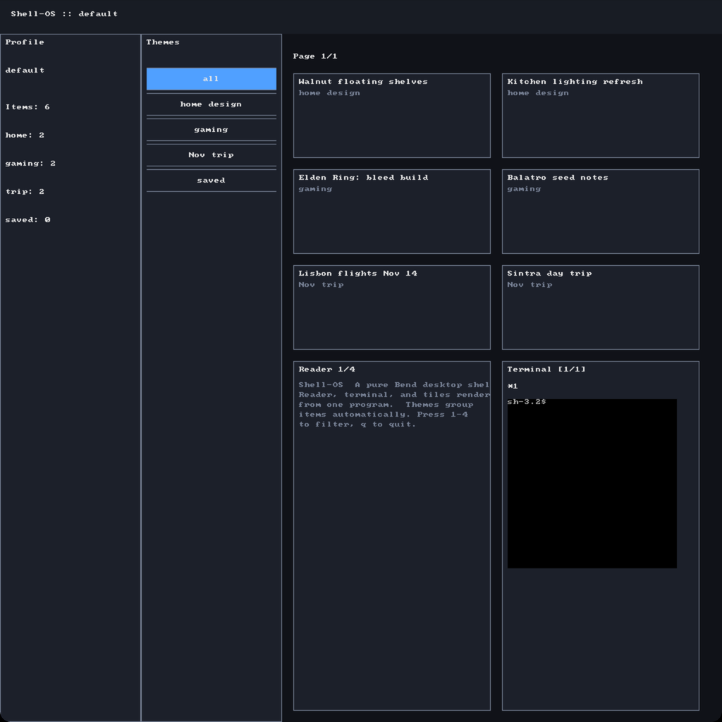 The original shellOS: an 8 by 8 pixel font, grey boxes, large mostly empty item cards, a terminal cropped to 30 columns