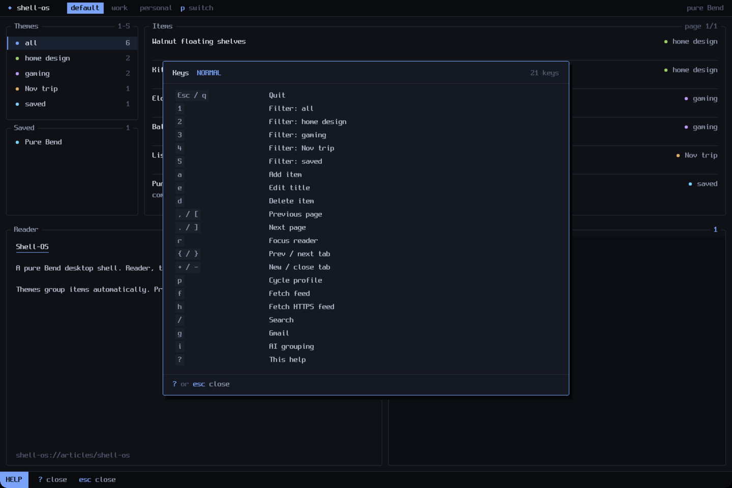 The help overlay listing keys as keycaps, now visible