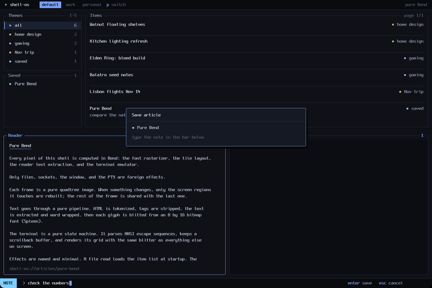 Saving an article with a note typed into the status bar