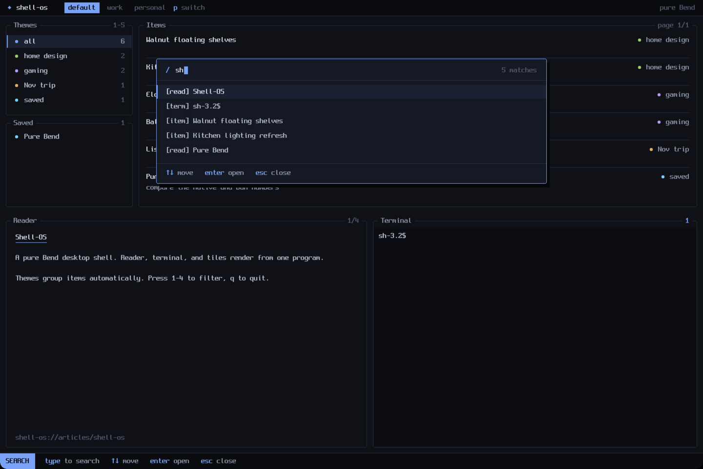 Universal search over items, reader articles and terminal lines