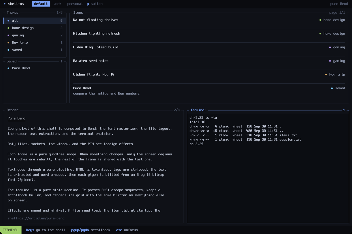 The terminal pane focused, showing ls -la output from a real shell